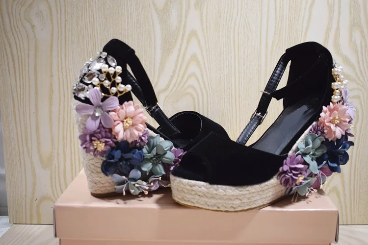 Bohemia wedges sandals Peep toe flower decor 7