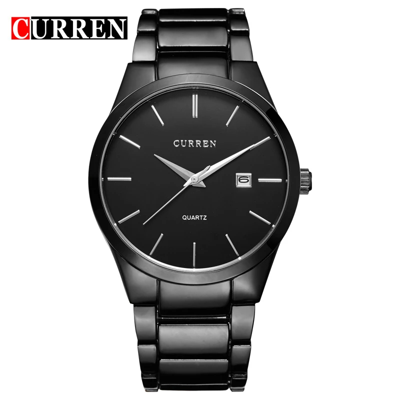 Мужские часы CURREN от роскошного бренда, полностью из нержавеющей стали, аналоговый дисплей, Мужские кварцевые часы с датой, деловые часы, мужские часы 8106 - Color: black