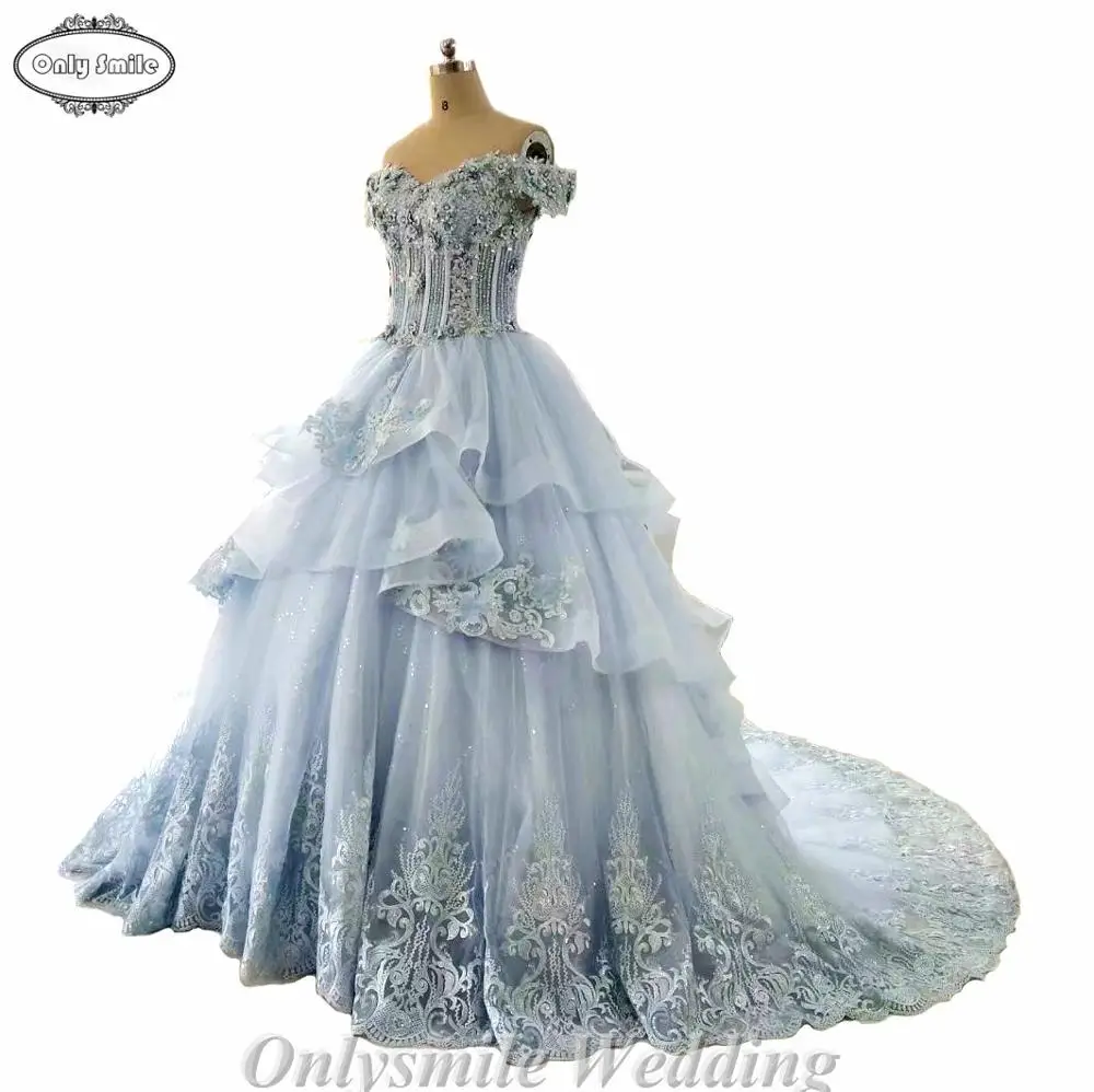 Onlysmile Vestido de Noiva Princesa Luxo винтажное светло-синее свадебное платье кружевное свадебное платье бальное платье с цветочным узором, большие размеры - Цвет: Picture Color