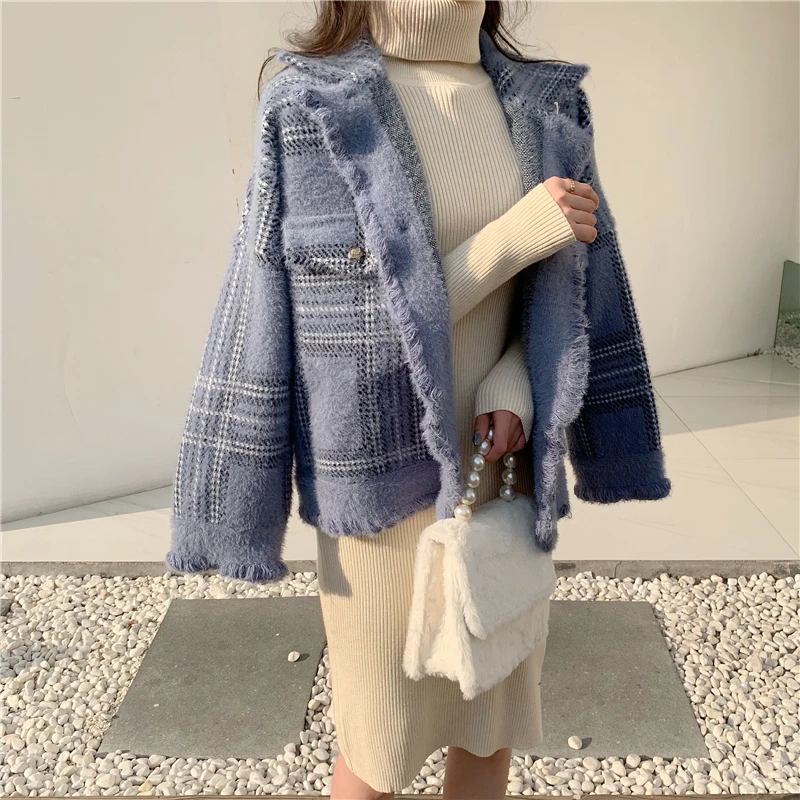 Chandail Manteau D'eau Vent Femelle 1 Court Velours Paragraphe coréen Nouvelle Imitation Cardigan Épais Paresseux 2018 Plaid Lâche 2 HWwq76XPF
