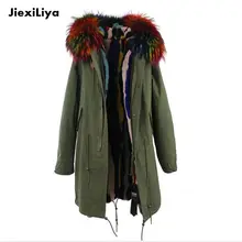 2016 New Fashion Real Fur Parka for women’s Army Green Large Fur Collar Hooded Long Coat Outwear Rabbit Fur Lining Winter Jacket