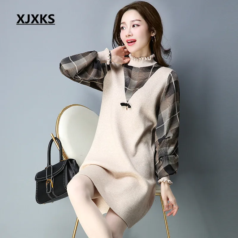 XJXKS для женщин водолазка платья свитеры лоскутное рукавом Смеси трикотажные удобные дамы пуловер длинные свитеры для - Цвет: Бежевый