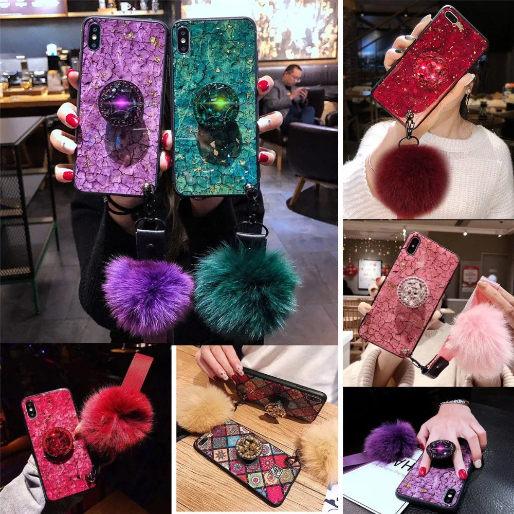 

For iPhone XS MAX XR 7 8+ Bling Diamond Stand Plush Ball Airbag Grip Case Note 9 8