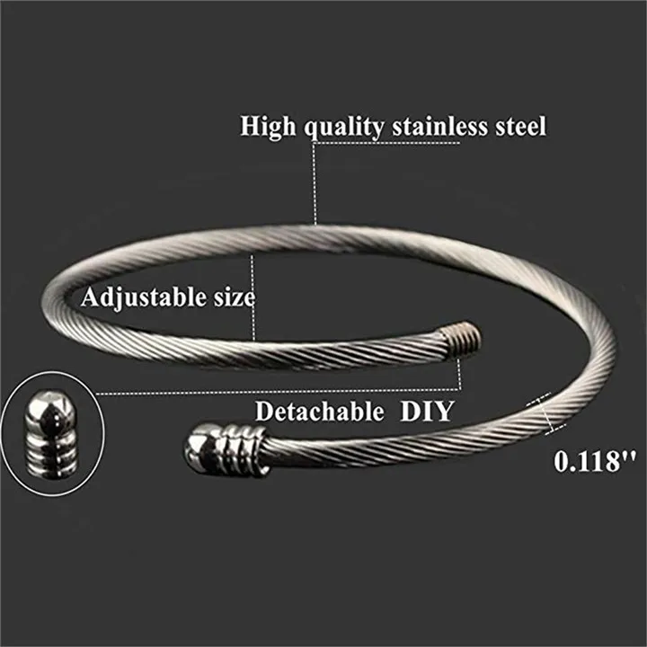 2 Unisex Elastic Cable Wire Bangle Stainless Steel Bracelet Screw with Removable End Plug Twisted Cuff Charm Beads fit DIY Jewelry