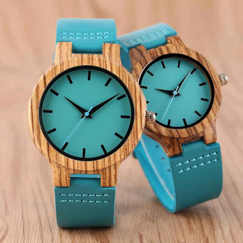 Fashion Blue Wooden Bamboo Quartz-watch Natural Wood Wristwatch Genuine Leather Creative Xmas Gift for Men Women Reloj de madera 2017 2018 (17)