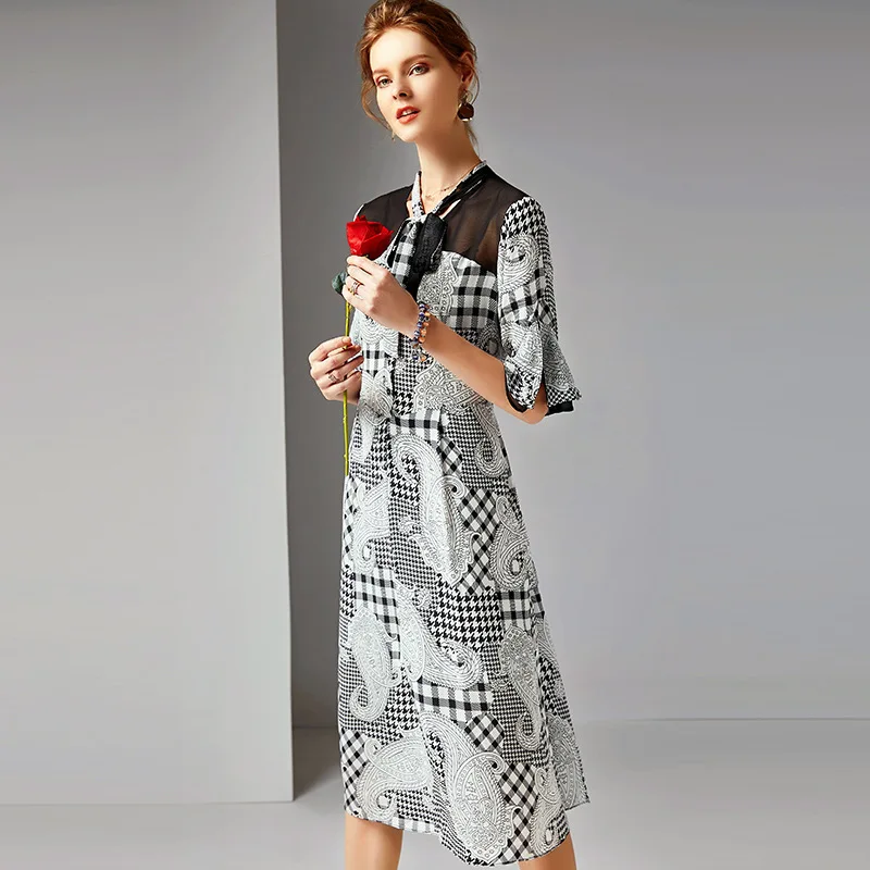 

Spring Summer Dresses 2019 New Women's Printed Real Silk 100% Elegant Dresses Bow Collar Flare Sleeve A-line Dress R10453