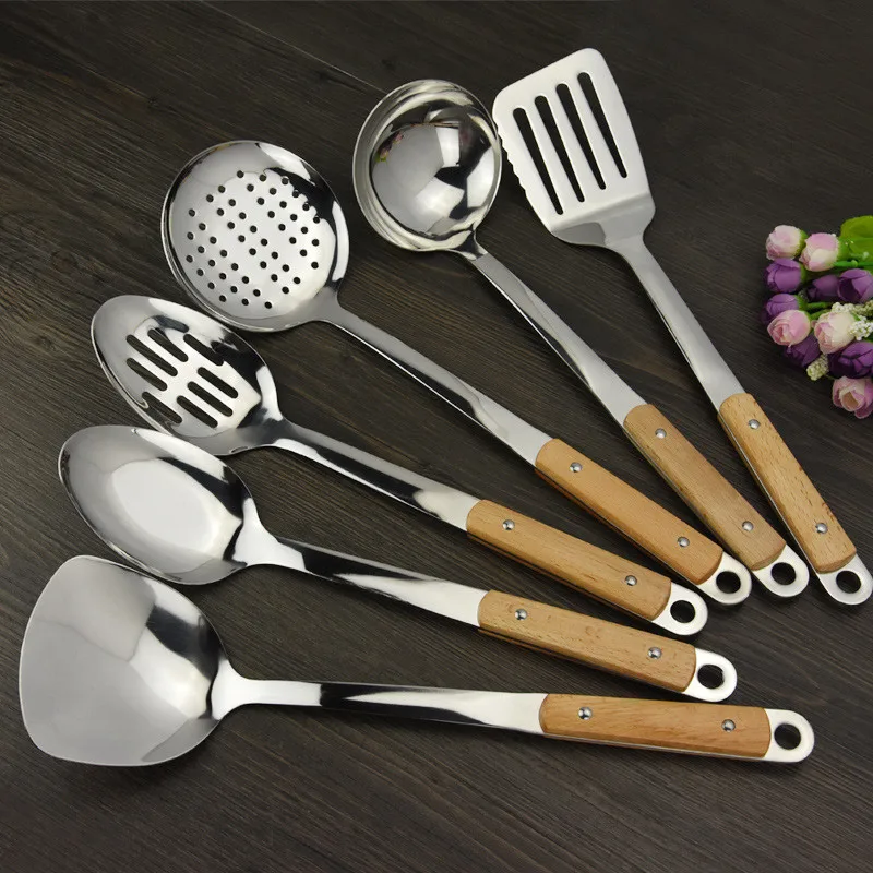 1PC Wooden Handle Stainless Steel Spatula Turner, Colander, Ladle