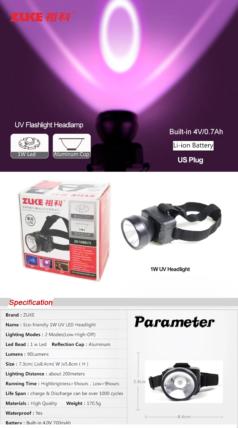 1W LED UV Flashlight Ultra-violet Headlights Portable Torch US Plug with Built-in 700mAh Battery for Night Fishing & Detecting (1)