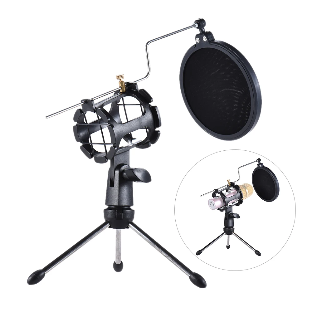 

Detachable Desktop Microphone Tripod Stand Holder Bracket Supporter with Shock Mount Mic Holder/ Dual-layer Pop Filter&Stick