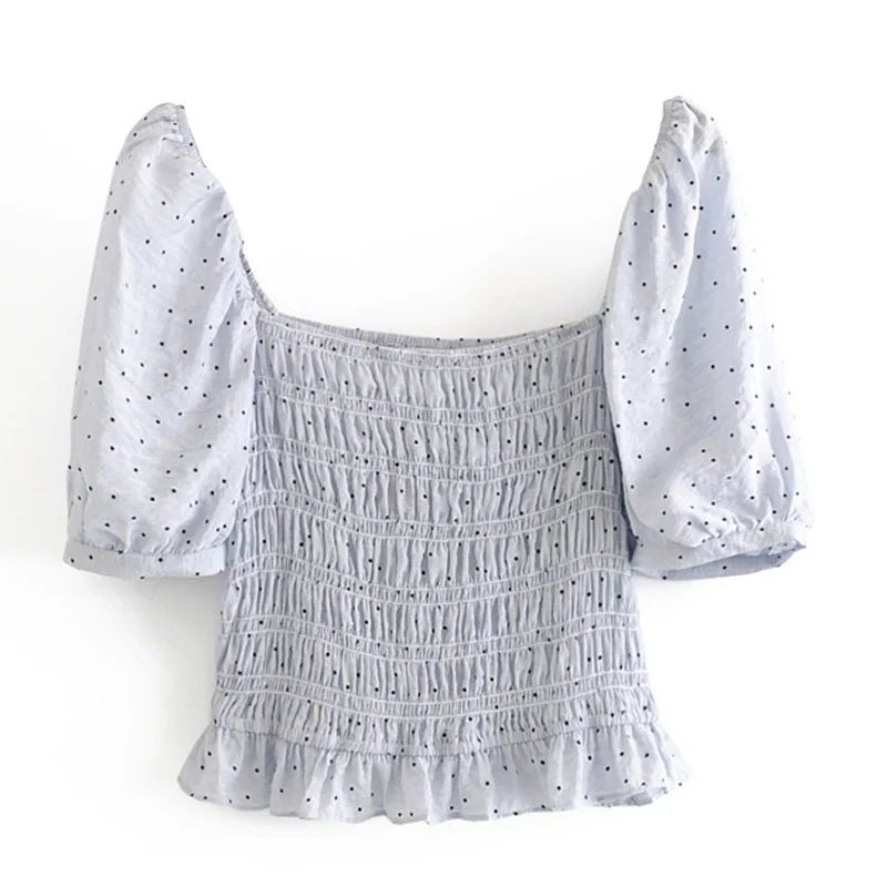 

RR Dot Printed Blouses Women Fashion Half Puff Sleeve Shirts Women Elegant Elastic Bust Tops Female Ladies GV