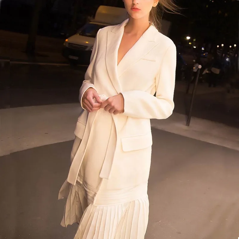 Small Suit High-end Pleated Body-building Tie Medium Long-style Jacket  2019 Sashes Hidden Breasted Women Jackets and Coats