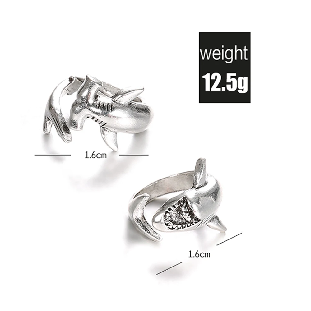 2 Pcs/set Punk Personality Shark Opening Silver Ring Women Charm Party Jewelry Accessories Christmas Gifts