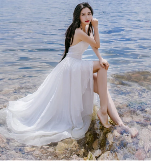 

Free Shipping Summer New Arrival Halter Pure Color Off Shoulder Irregular Chiffon Long Dress White