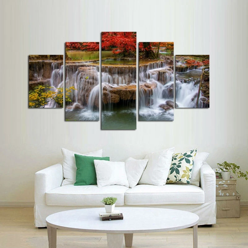 

Canvas Painting Frame Wall Art Home Decor 5 Piece Red Maple Tree Lake Waterfall Landscape Poster For Living Room Pictures