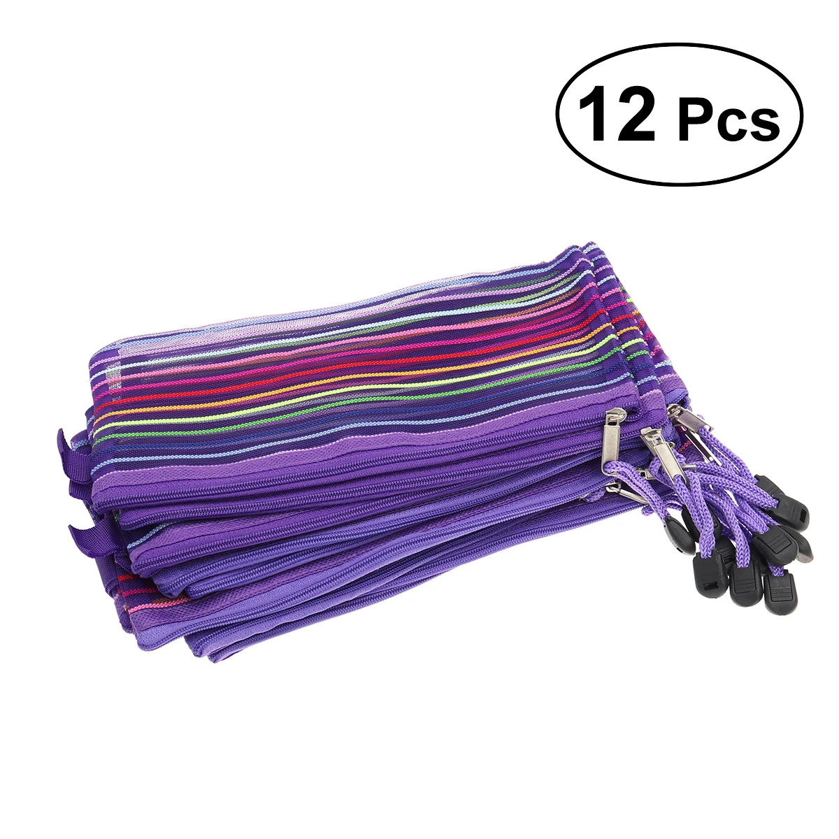 12PCS Rainbow Strips Storage Bag Nylon Mesh Pouch with Zipper for