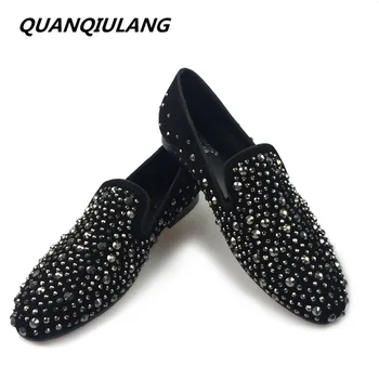 

Brand Designer Men Black Crystal Shoes 2016 New Genuine Leather Fashion Men's Flats Prom Male Loafers Size 39-46 Free Shipping