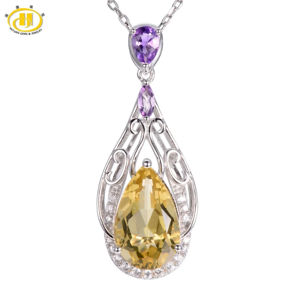 

Hutang 6.53ct Natural Lemon Quartz & Amethyst Diamond Jewelry Chokers 925 Sterling Silver Water Drop Women Necklaces & Pendant