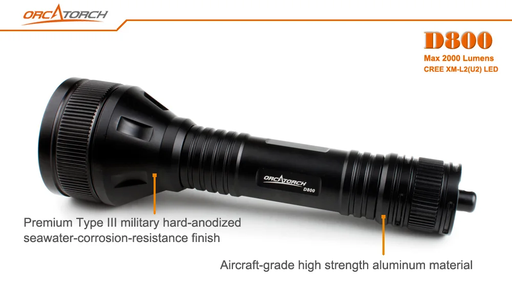 ORCATORCH D800 светодиодный светильник для дайвинга CREE XML2 2000lm резервный светильник для подводного плавания 150 м подводный+ аккумулятор+ зарядное устройство