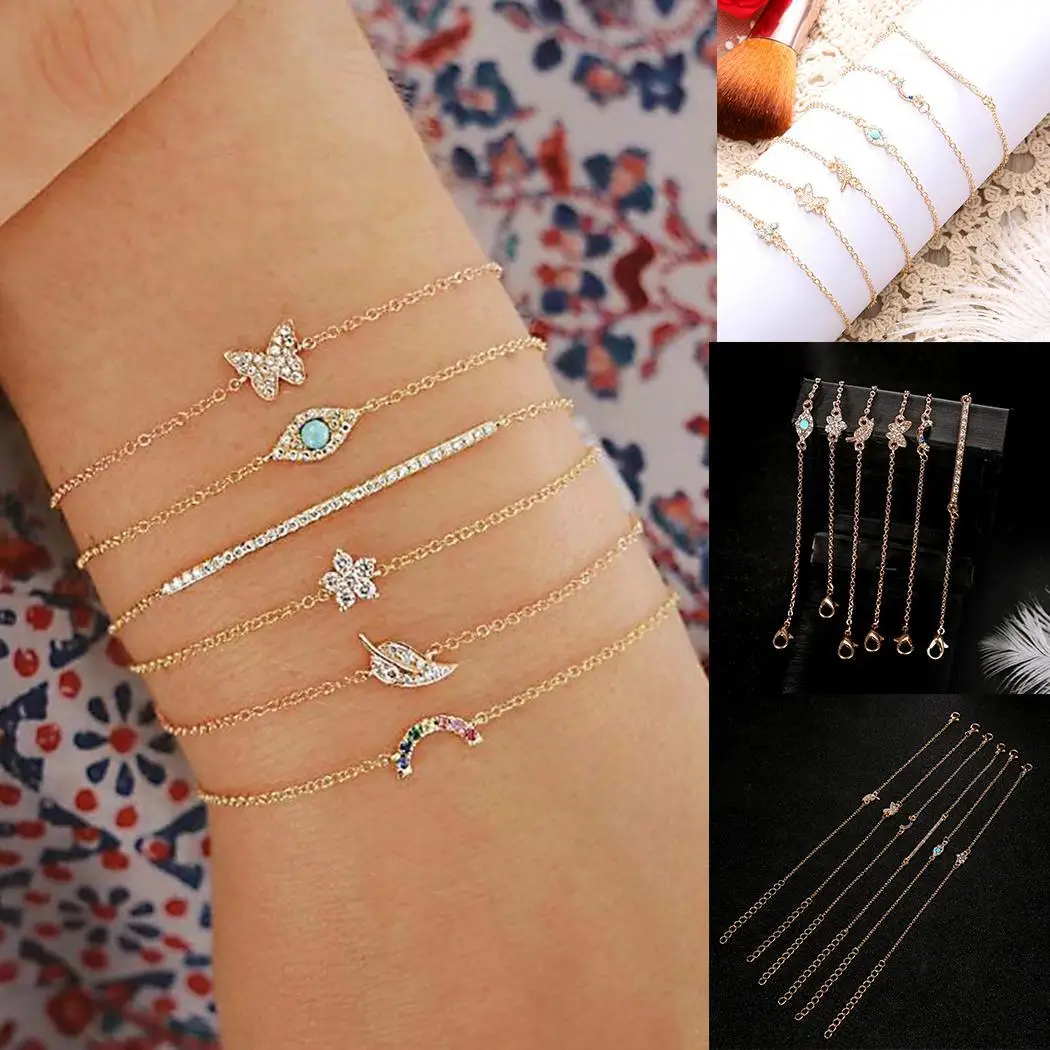 Fashion Women Butterfly Eye Star Moon Leaves Multilayer 22cm/8.7inch Bracelet Party Set of (6Pcs) Jewelry Gold | Украшения и