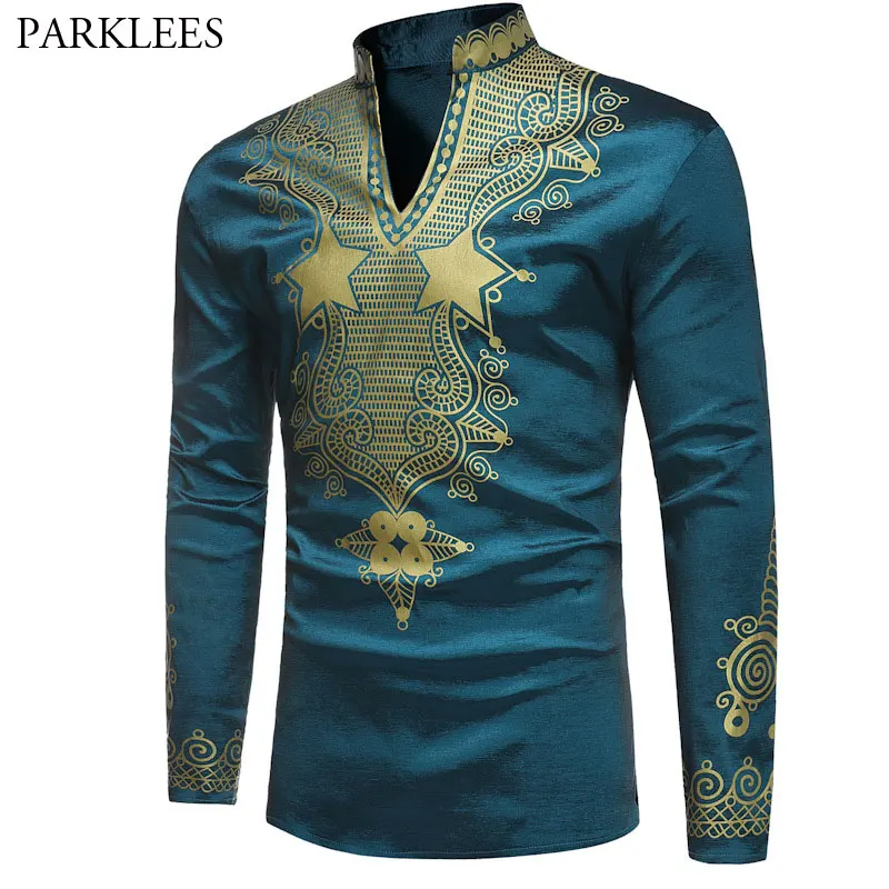 Domple Mens Dashiki African Print Long Sleeve Stand Collar Traditional Shirts 