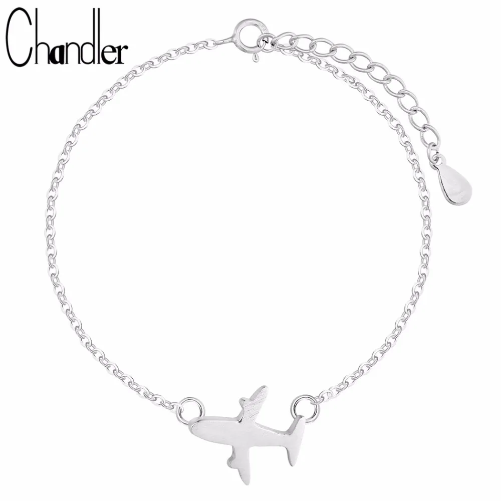 Chandler 2017 925 Sterling Silver Origami Plane Bracelet Brushed Aircraft Airplane Charm Bangle 7 Inch Chain Link Cuff Jewelry