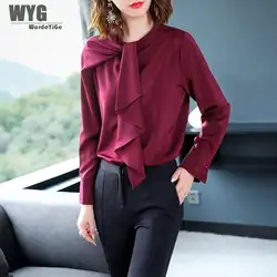 WYG Для женщин дизайнер Блузки 2018 осенью новый высокое качество Офисные женские туфли ленты с длинным рукавом бордовый черный элегантные