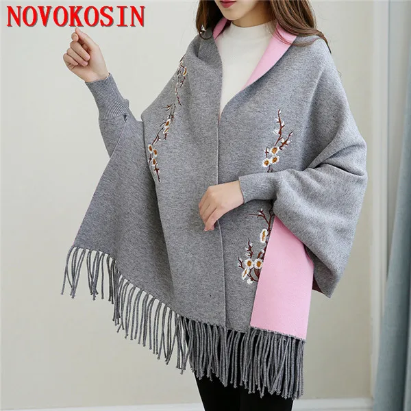 

JB1 Oversize Scarf Winnter Faux Cashmere Knitted Women Cardigan Embroidered Designer Female Long Sleeves Cloak Vintage Shawl