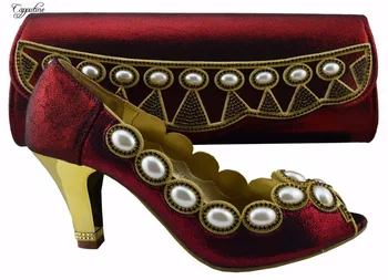 

Amazing wedding sets series African high heel sandal shoes and handbag sets with big pearl 1308-L59 wine