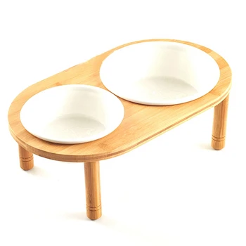 

Fashion Dog Feeders Bowl Bamboo Tableware Ceramic Double Mouth Bowl High Grade Anti Skid Pet Supplies