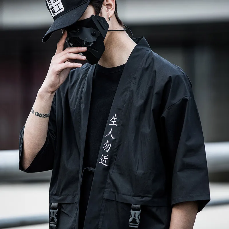 Японская уличная куртка с вышивкой в японском стиле, модные черно-белые мужские куртки и пальто с лентой, размеры США s-xl