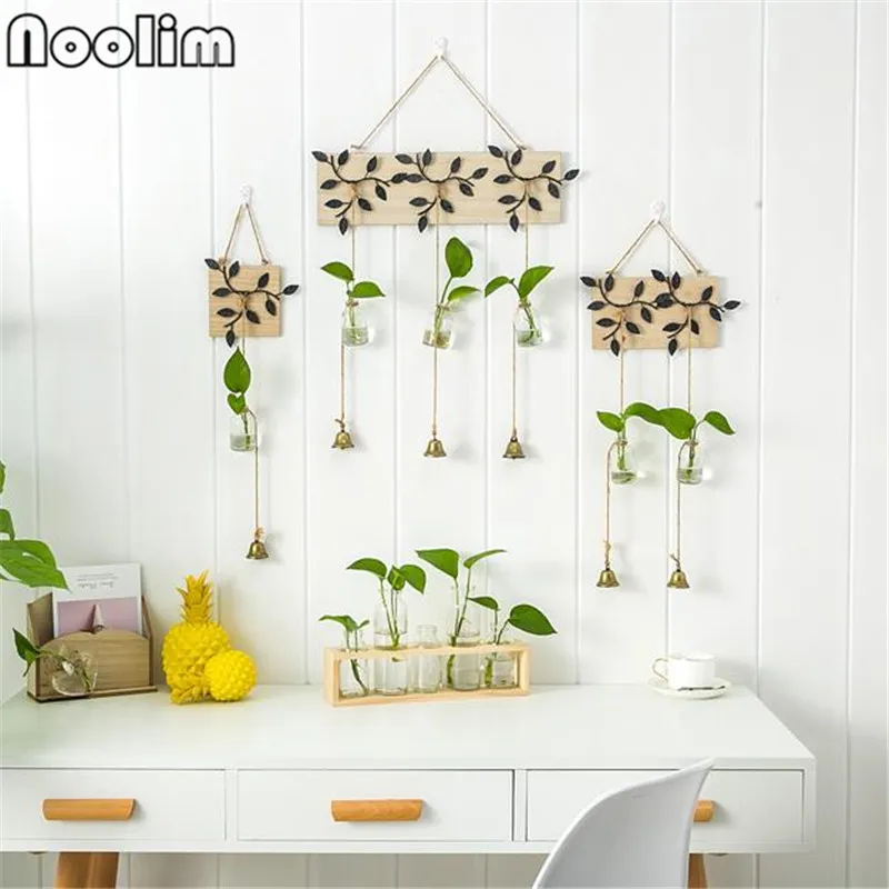 

Wall Hanging Hydroponic Plant Flower Pot Glass Vase Wooden Frame With Gold Bell Creative Wall Green Plant Decoration