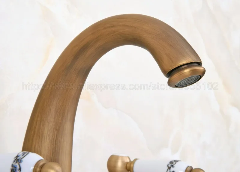Antique Brass Bathroom Sink Faucet Widespread 3pcs Ceramics Handles Basin 3 Holes Mixer Tap zan079