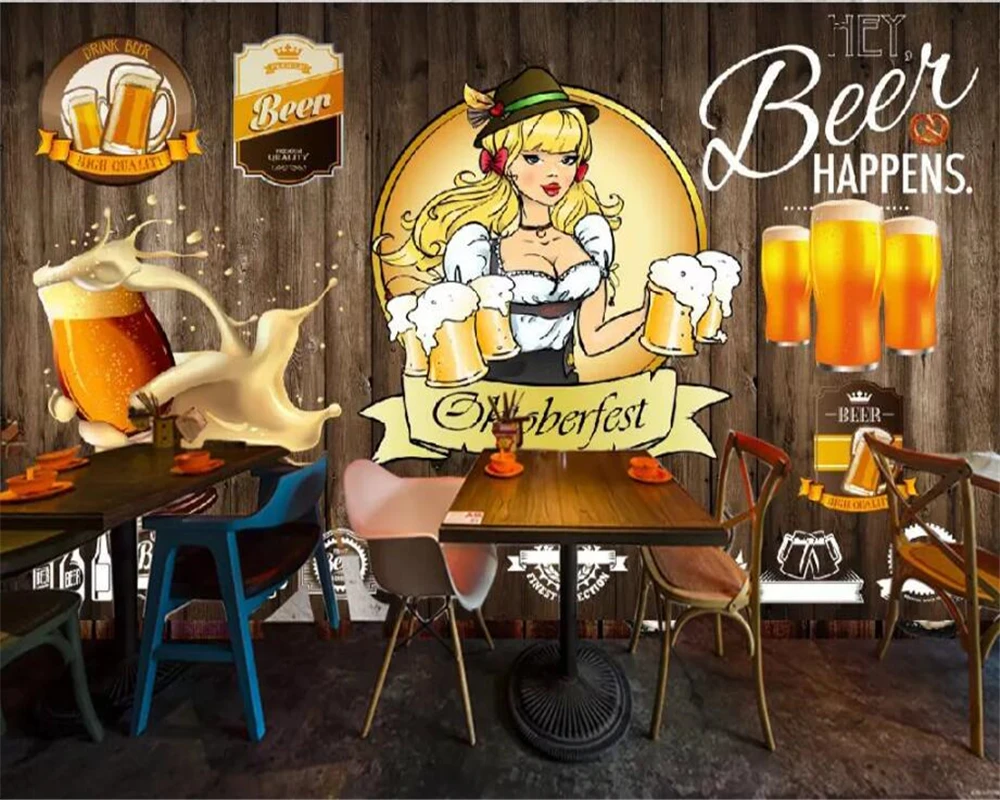 

beibehang Custom large wallpaper 3d living room mural retro nostalgic beer girl catering background wall papers home decor mural