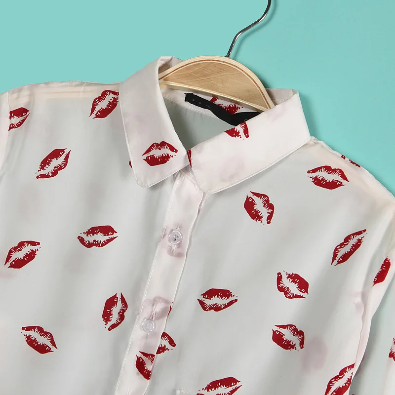 Женская шифоновая блузка с длинным рукавом и принтом губ|sleeve shirt|long sleeve shirtchiffon blouse
