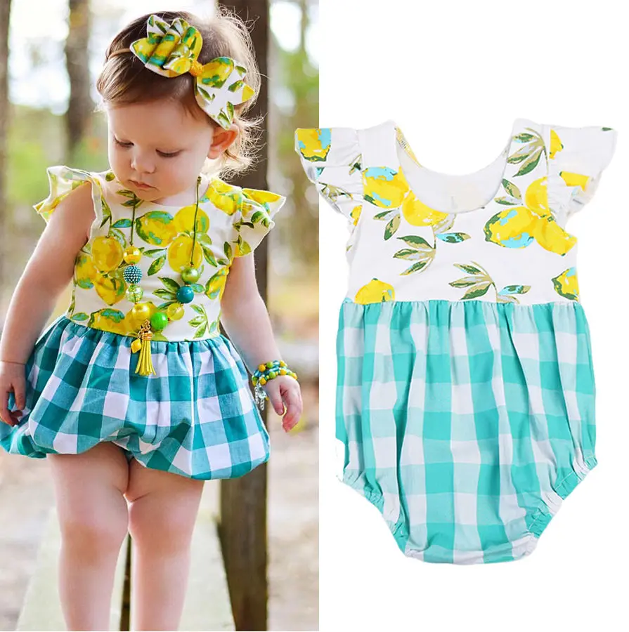 Toddler Kids Baby Girls yellow palid Plaid Bodysuit outfit print summer