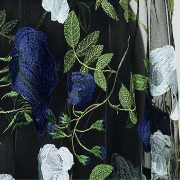 

138CM Wide 140G/M Weight Water Soluble Green Blue Embroideried Black Net Lace Fabric for Spring Summer Jacket Dress E984