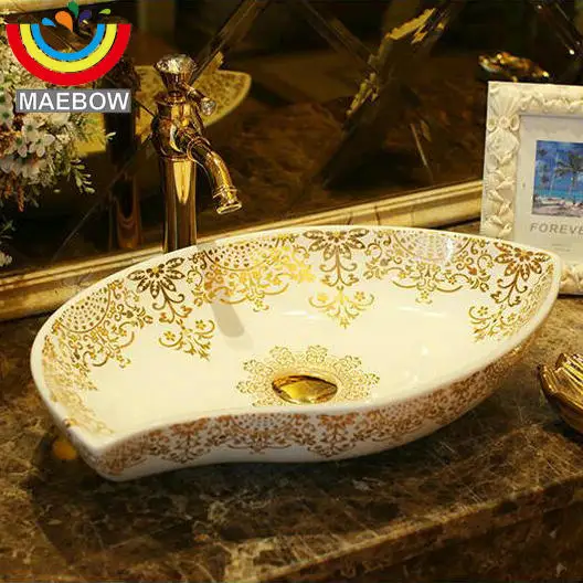 

Modern Irregular Golden Flowers White Countertop Lavobo Wash Basin Ceramic Bathroom Sink