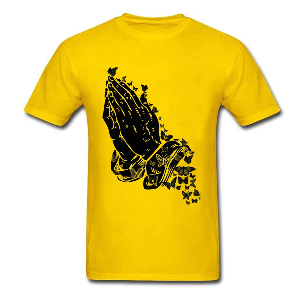 Praying hands and butterflies Crazy T-Shirt for Male 100% Cotton Summer Tops T Shirt Tee Shirt Short Sleeve Brand Crew Neck Praying hands and butterflies yellow