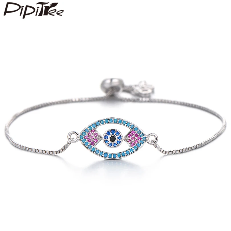 

Pipitree AAA Blue Pink CZ Zircon Hollow Evil Eye Charm Bracelet Copper Adjustable Chain Bracelets for Women Men Fashion Jewelry