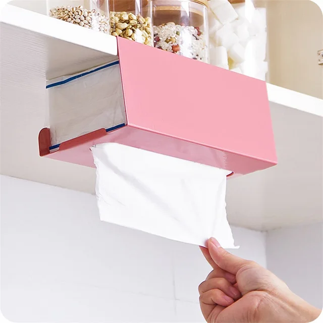 Cheap 3 Colors Japanese-style Kitchen Cabinet Hanging Paper Towel Rack Iron Tissue Box Free Punch Wrought Iron Tissue Box Storage Rack