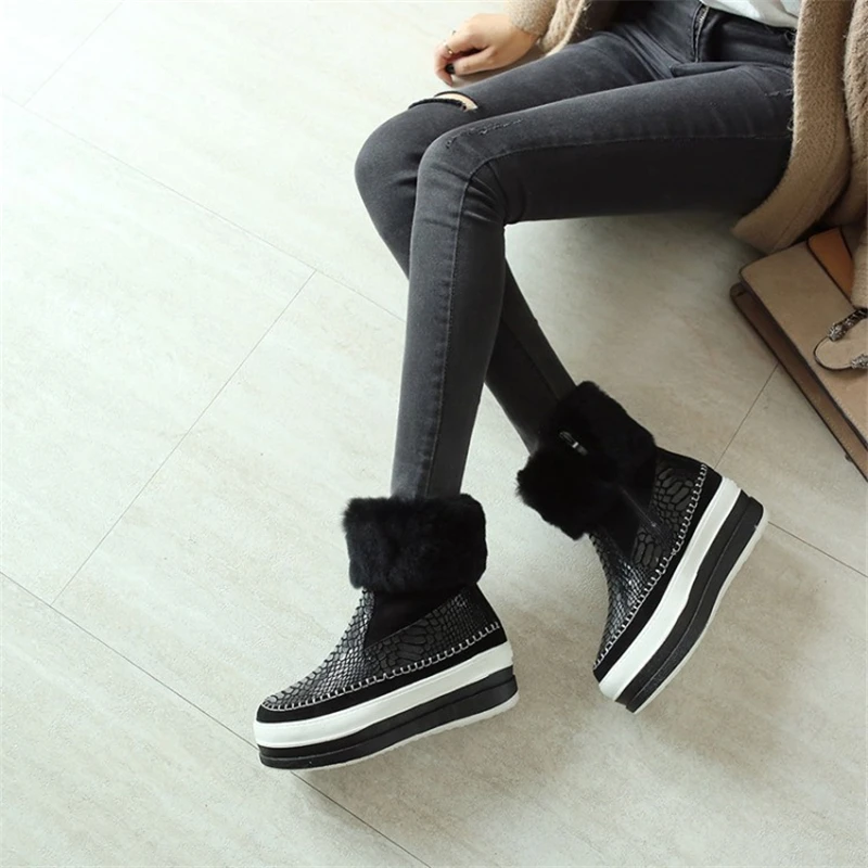 Bout D'hiver Caoutchouc Fourrure Mode Occasionnel Neige En 2018 forme Rond Wedge Peluche Joker Msstor De Black Bottes Femmes noir Suede Sexy Noir Plate Cow qUxaA