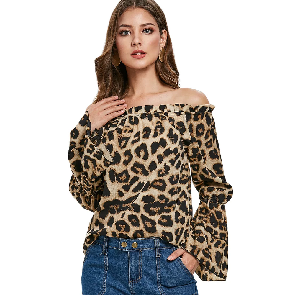 Wipalo с открытыми плечами блузка с леопардовым принтом длинным рукавом Flare Slash средства ухода за кожей шеи рубашка модные блузки для малышек