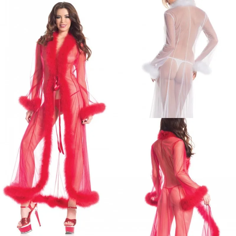 High Fashion Night Robe Custom Made Long Sleeve Feathers Plus Size Nightgowns Robes See Through Sexy Women Sleepwear