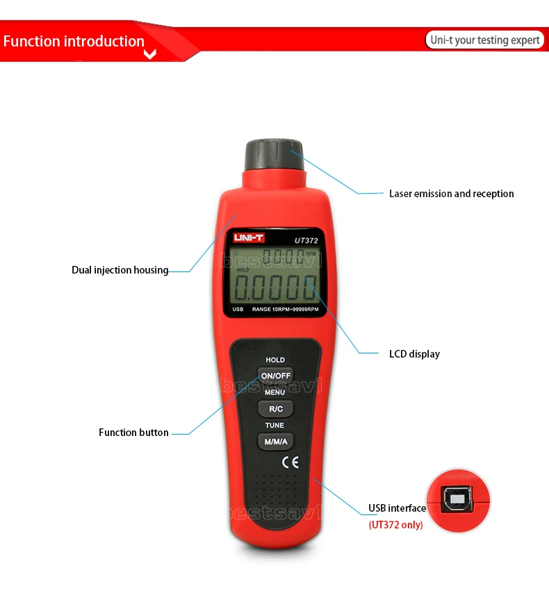 UNI-T UT372 ЖК-дисплей Дисплей цифровой USB Интерфейс диапазон 10 об./мин.-99999 об./мин. Бесконтактный цифровой Тахометры