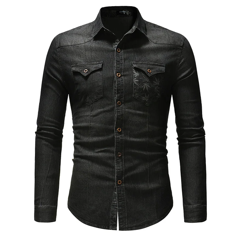 

Men Shirt Brand 2019 Male High Quality Long Sleeve Casual Shirts Leaf print Denim Slim Fit Man Dress Shirts Camisa Masculina 3XL