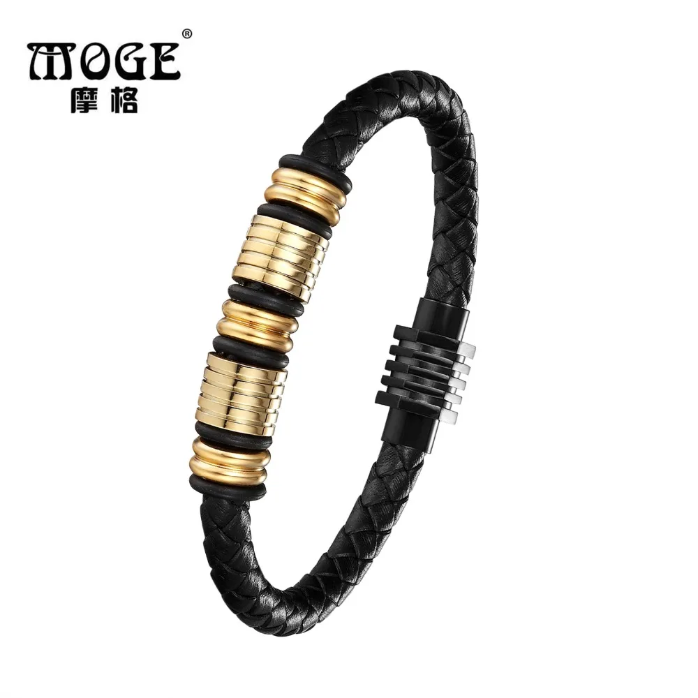 

MOGE Trendy 6mm Black Round Leather Bracelets Men Cool Stainless Steel Leather Bracelets&Bangles Male Female Bracelets For Gift