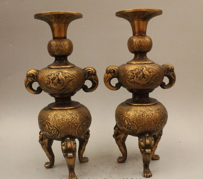 

wholesale factory 14"Chinese Dyansty Bronze Elephant Phoenix Beast Candle Holder Candlestick Pair