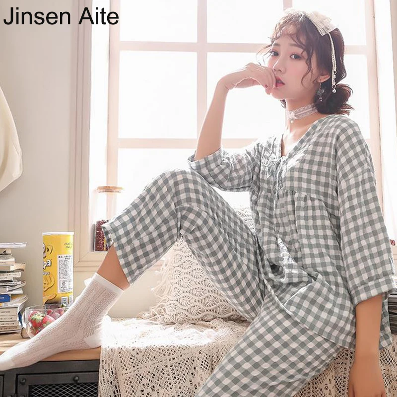 

Jinsen Aite Cotton Pajamas Set for Woman Loose Casual Short Sleeved Summer Plaid Sleepwear Girl Home Clothes Nightwear Hot JS744