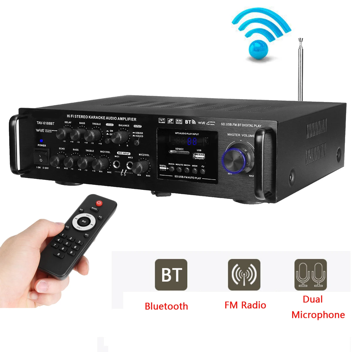 

2000W Wireless Home Digital Music Audio Amplifier 4 ohm bluetooth 4.0 Version Stereo Karaoke Amplifier Support 2 MIC FM RC