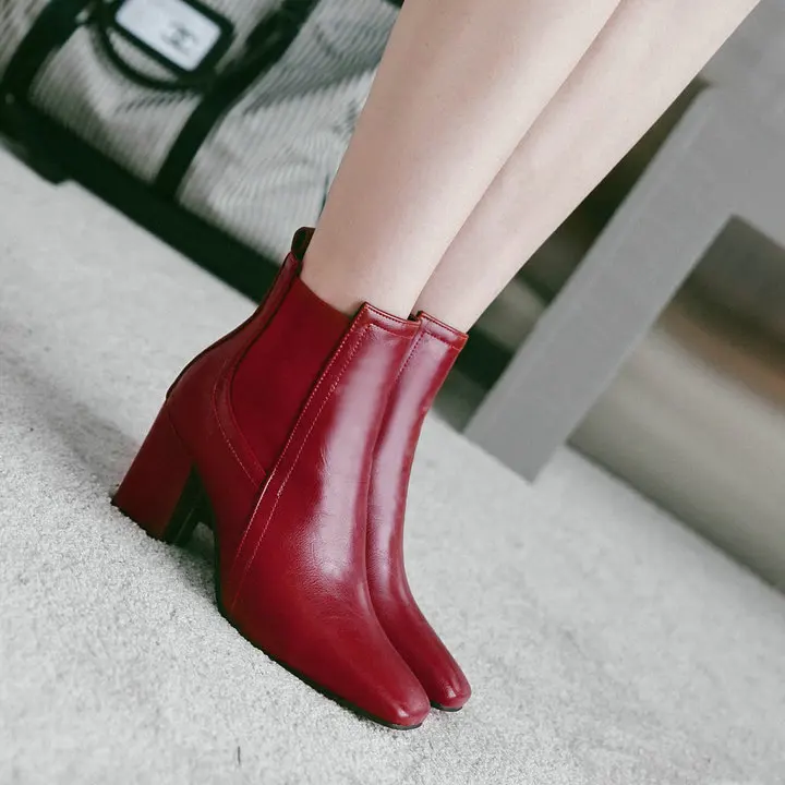 Женские модные ботинки «Челси»; удобные ботильоны на толстом высоком каблуке; обувь с квадратным носком без застежки; сезон осень-зима; женская обувь; коллекция года; цвет белый, черный - Цвет: Красный